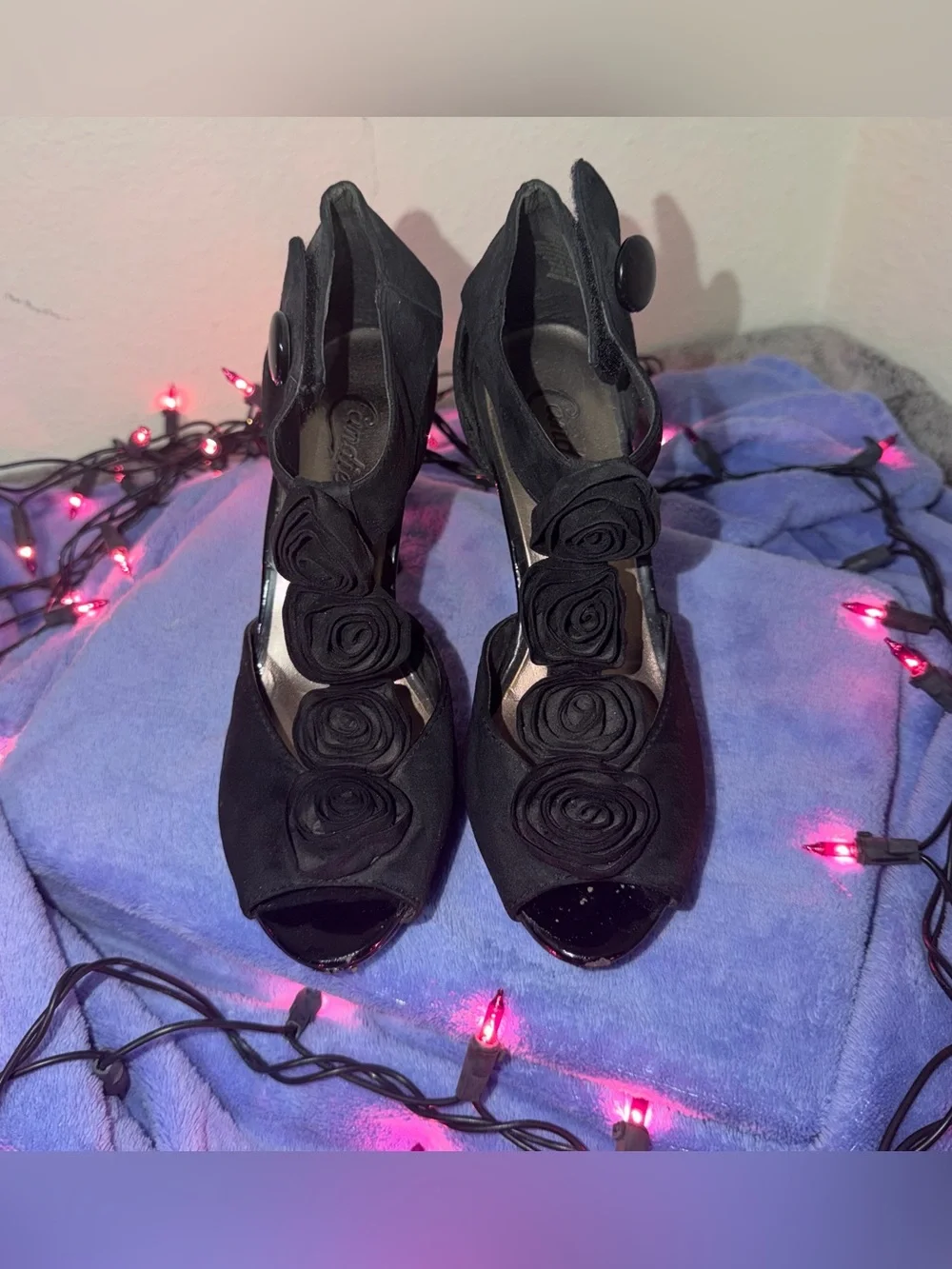 Candie's Black Peep-Toe Heels with Rosette Trim